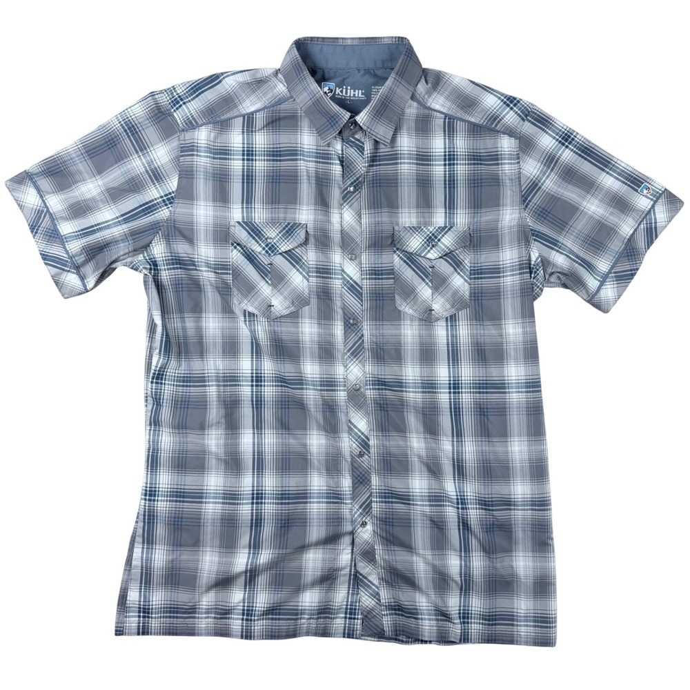 Kuhl Eluxur Mens Large Grey Blue Plaid Short Sleeve Button Down Shirt 7152